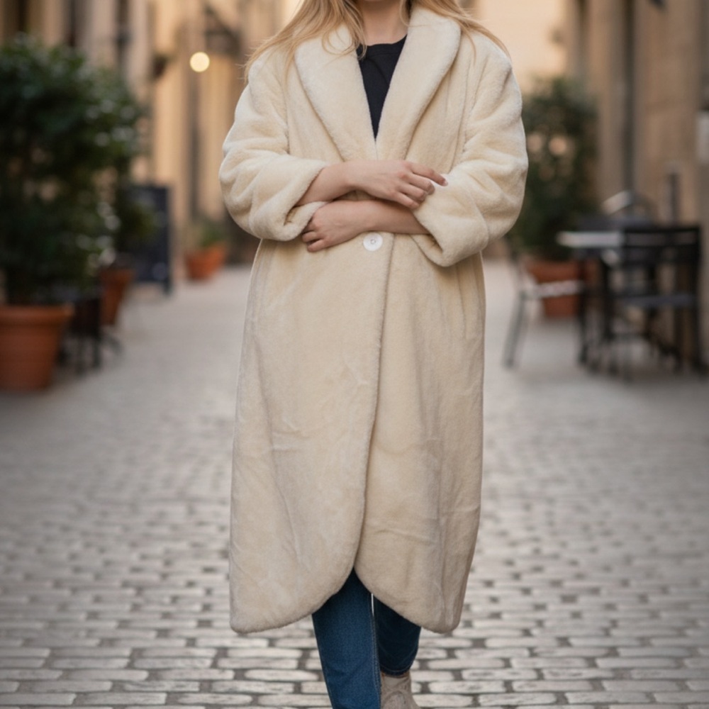 Vtg 90s Donny Brooks Sz M Womens Tan Long Faux Fur Glam Retro Rockabilly Coat M